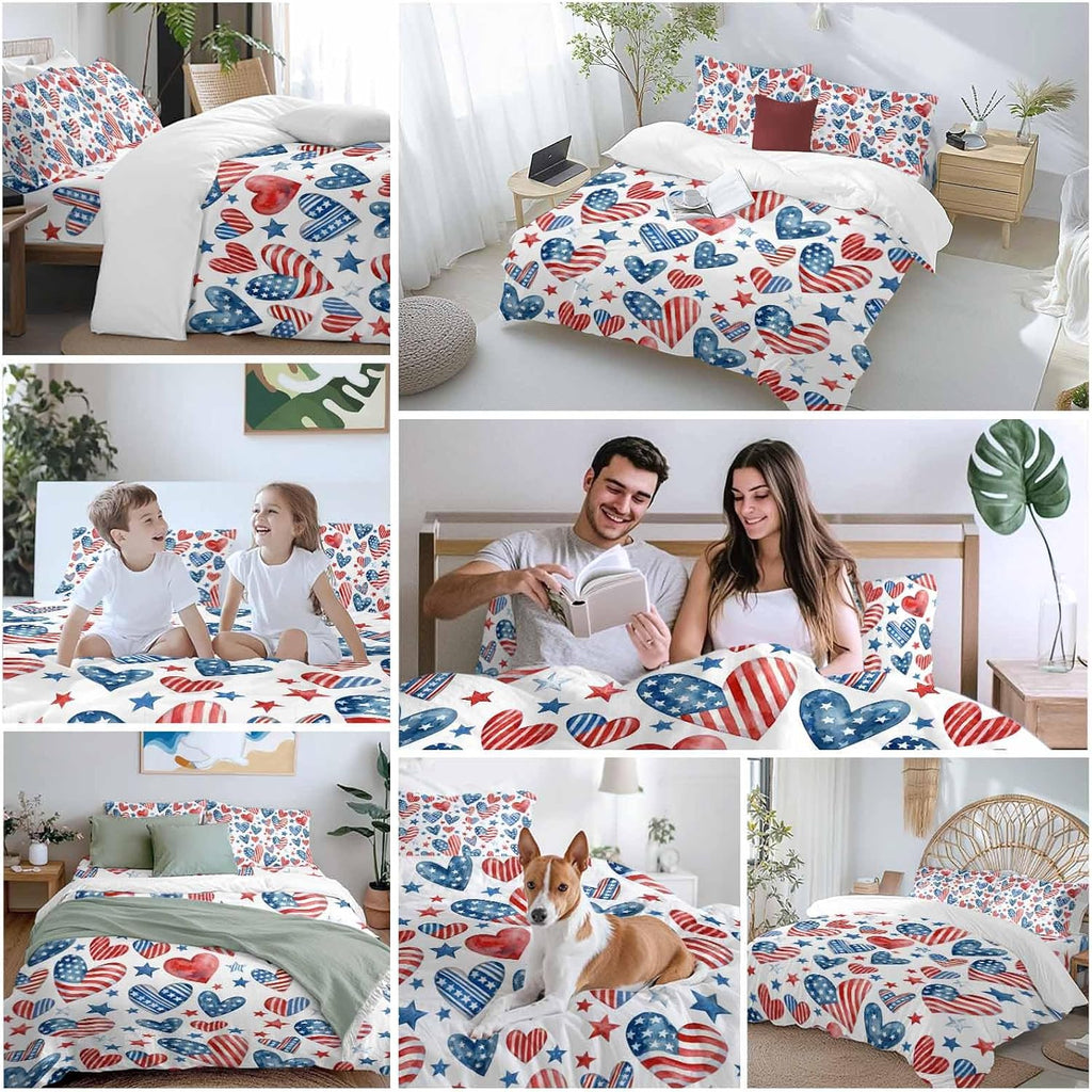 Independence Day Duvet Cover Set Queen Size 4 Pieces U. S. Flag Themed Love Heart Five-Pointed Stars Bedding Set with Zipper Closure, 1 Comforter Cover 92x106 Inches 1 Flat Sheet & 2 Pillow Cases