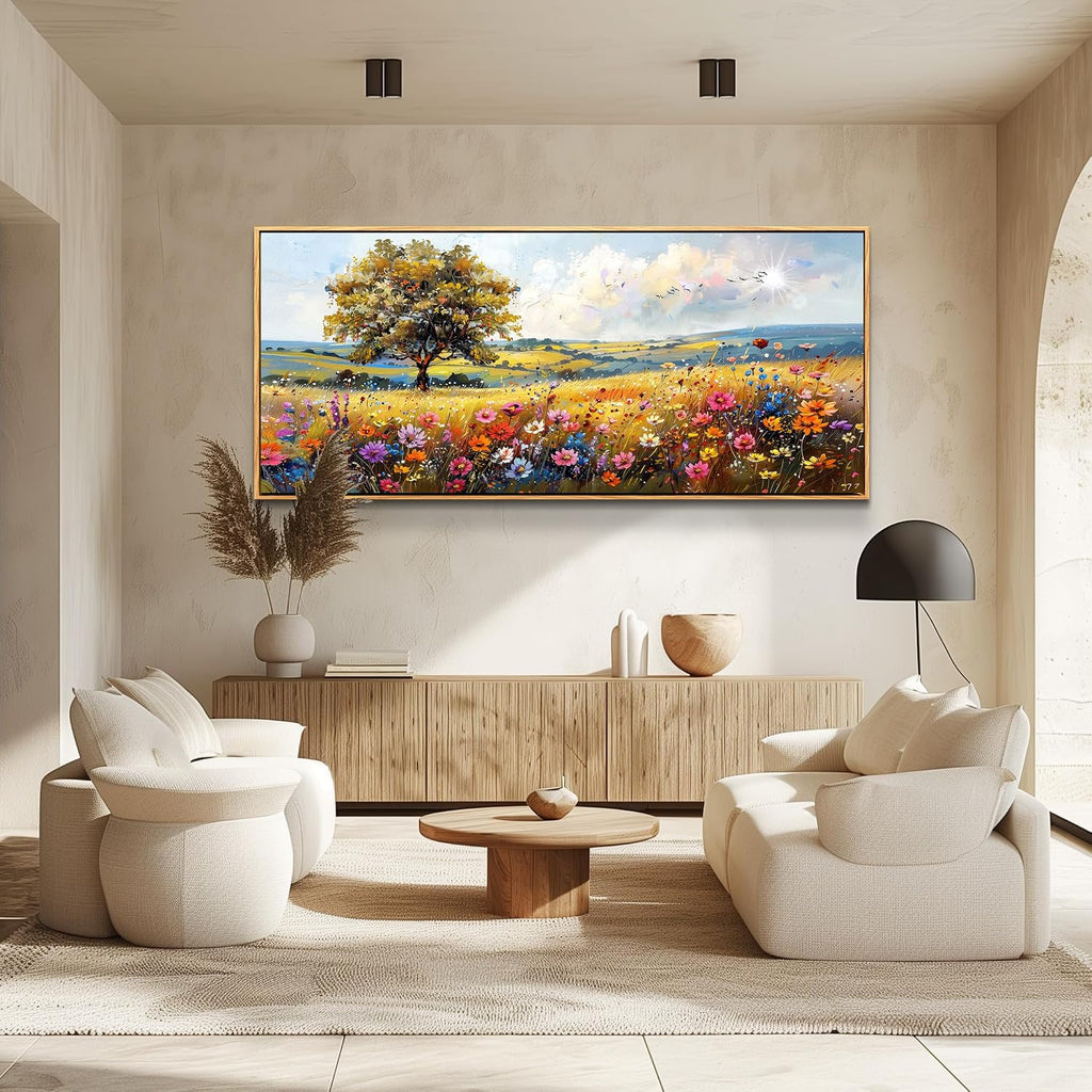hyidecorart Large Framed Wall Art, Spring Landscape Wall Art, Nature Tree Wildflower Artwork, Colorful Scenery Rustic Painting Canvas Prints, Farmhouse Wall Decor Living Room Bedroom Picture 32x72 In