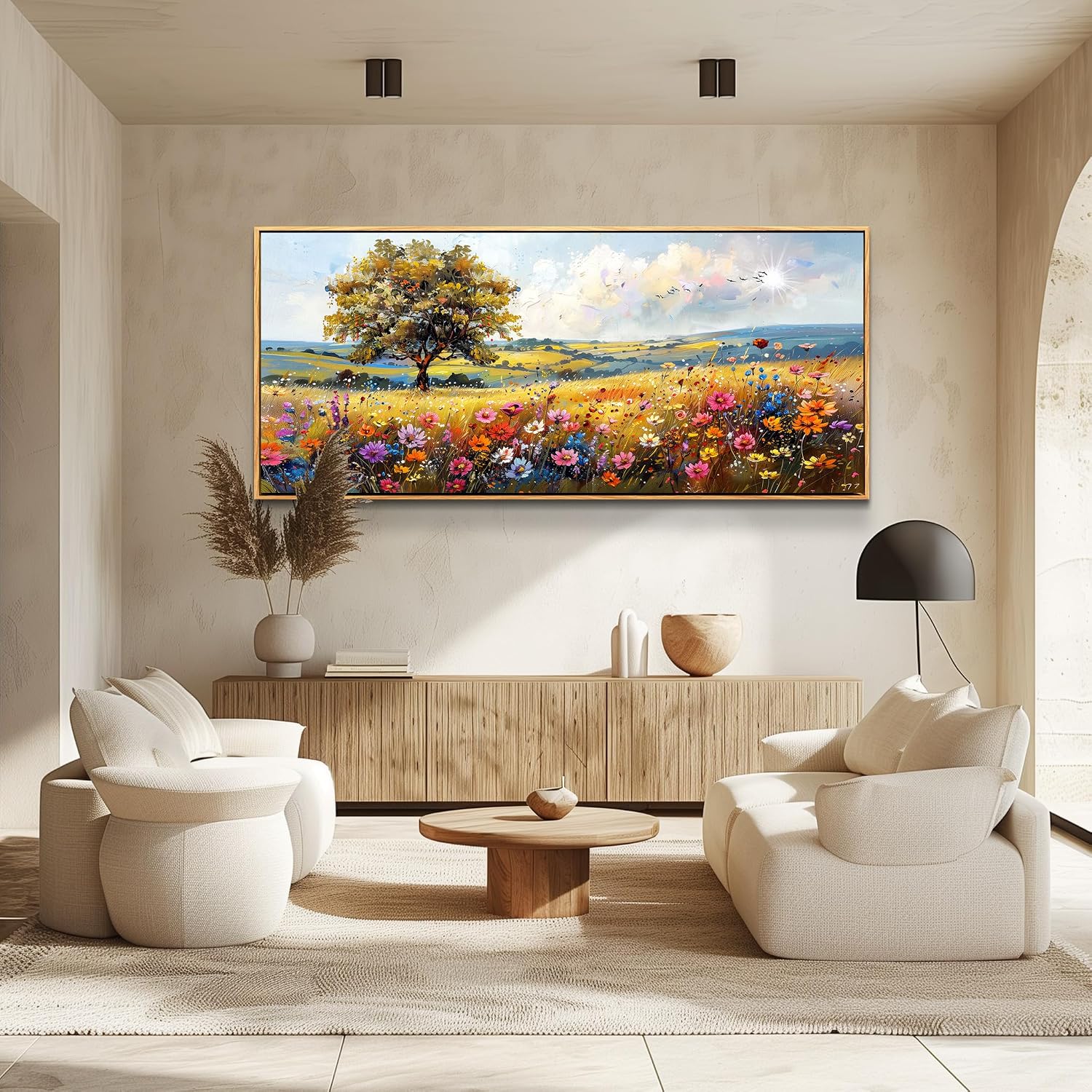 hyidecorart Large Framed Wall Art, Spring Landscape Wall Art, Nature Tree Wildflower Artwork, Colorful Scenery Rustic Painting Canvas Prints, Farmhouse Wall Decor Living Room Bedroom Picture 32x72 In