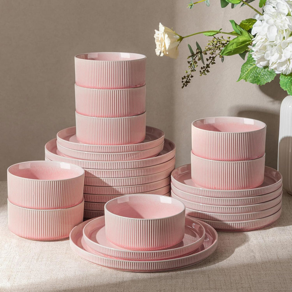 GBHOME 24-Piece Stoneware Dinnerware Set for 8 – Ribbed Ceramic Plates and Bowls, Scratch-Resistant, Microwave & Dishwasher Safe, Reactive Glaze, Blush Veil