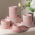 GBHOME 24-Piece Stoneware Dinnerware Set for 8 – Ribbed Ceramic Plates and Bowls, Scratch-Resistant, Microwave & Dishwasher Safe, Reactive Glaze, Blush Veil