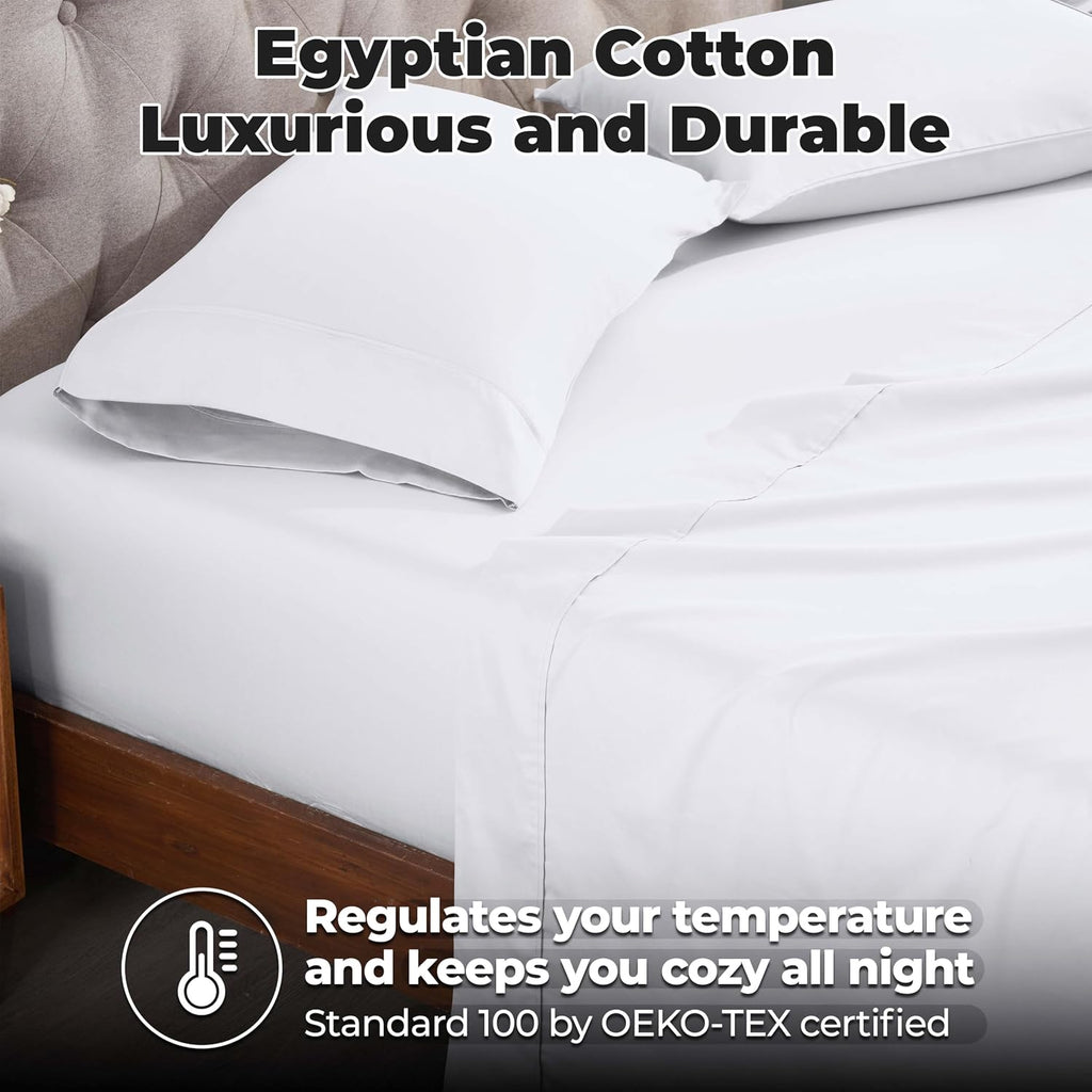 Superior Egyptian Cotton 400 Thread Count Bed Sheet Set, 1 Elastic Deep Pocket Fitted Sheet, 1 Flat Sheet, 2 Pillowcases, Soft Bedding, Luxury Sheets, Sateen Weave, Queen Size, White