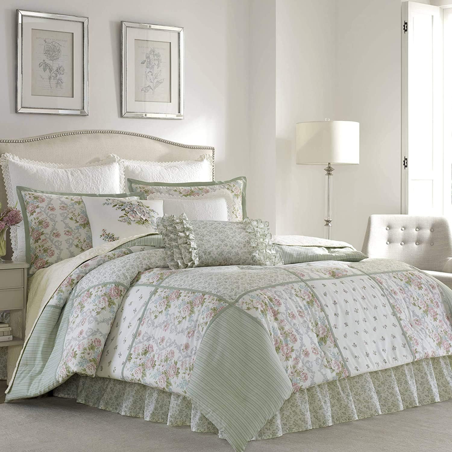 Laura Ashley – Queen Comforter Set, Soft Cotton Bedding with Matching Shams, Medium Weight, Floral Bedroom Decor, College Dorm Room Essentials (Harper Sage Green)