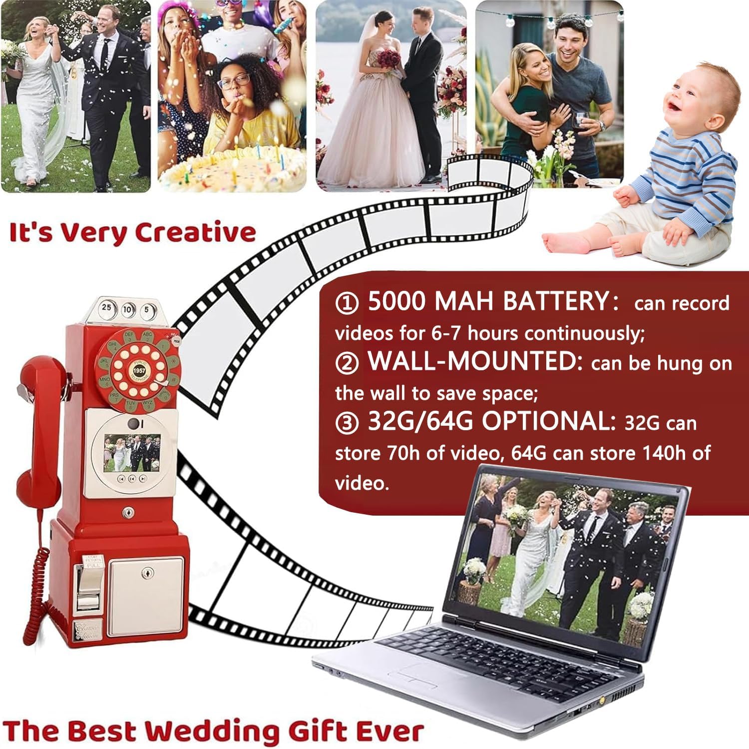 1080P Video Guestbook Wedding Phone, Retro Classic Audio Guestbook Record Customized Audio Messages with Guest Book Telephone for Parties Weddings Birthdays Rentals Confessions,Red-64G