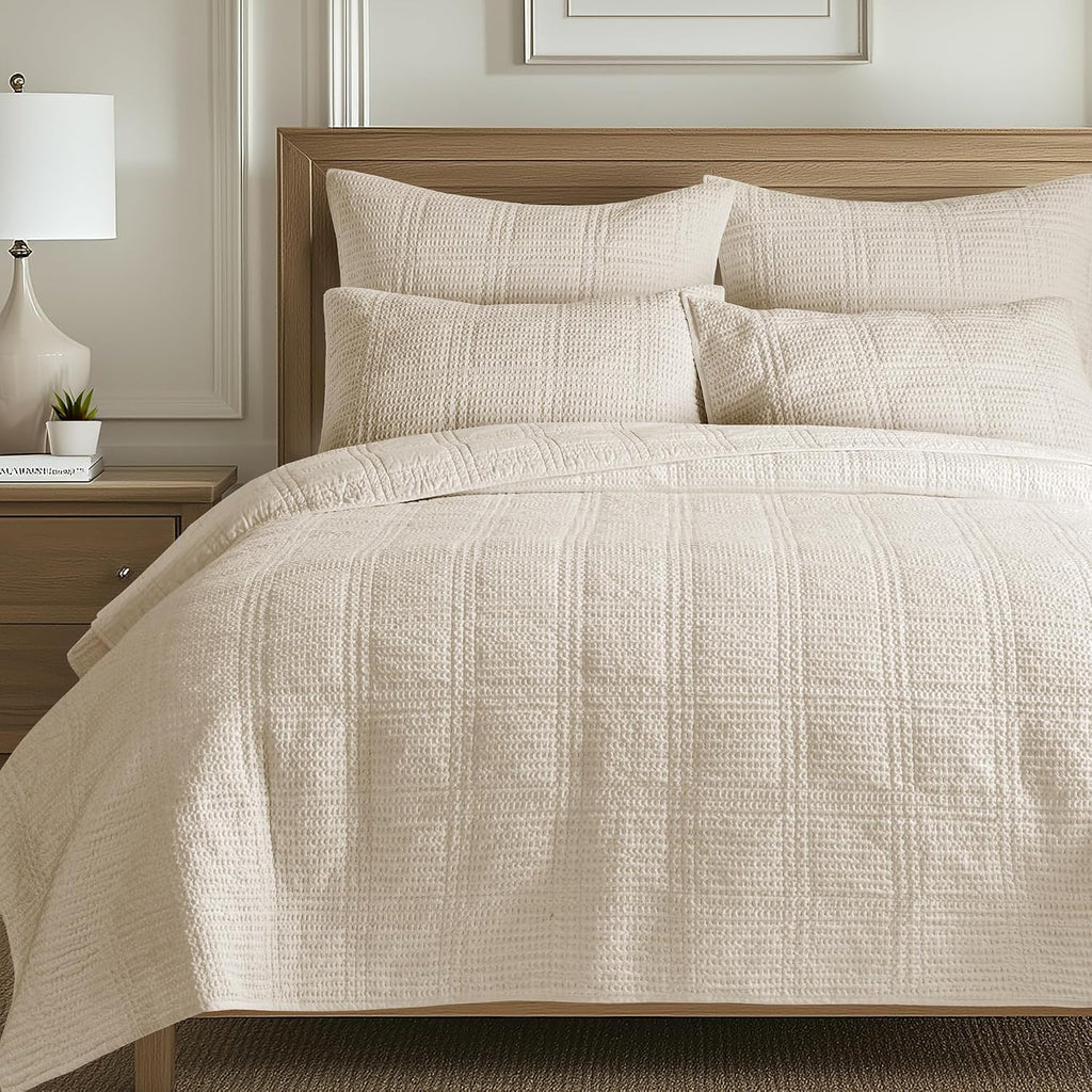 Levtex Home Cloud Waffle Full/Queen Quilt Set (88x92in) and 2 Pillow Shams (26x20) - Box Quilted Waffle Texture - Undyed Cream - Cotton Full/Queen Size Quilt Bedding Set - Lightweight Soft Pre-Washed
