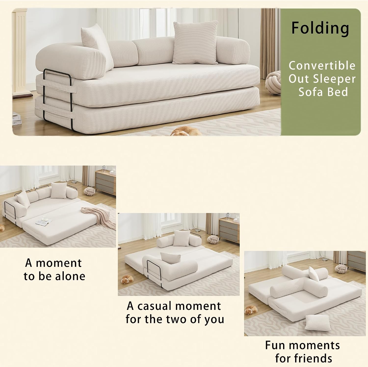 WILLIAMSPACE 78.5' Modern Loveseat Sofa Fold-Out Sofa Bed, Convertible Chair Floor Couch with Removable Backrest, Comfy King Size Sofa Bed for Living Room, Bedroom, Corduroy Fabric (Beige)