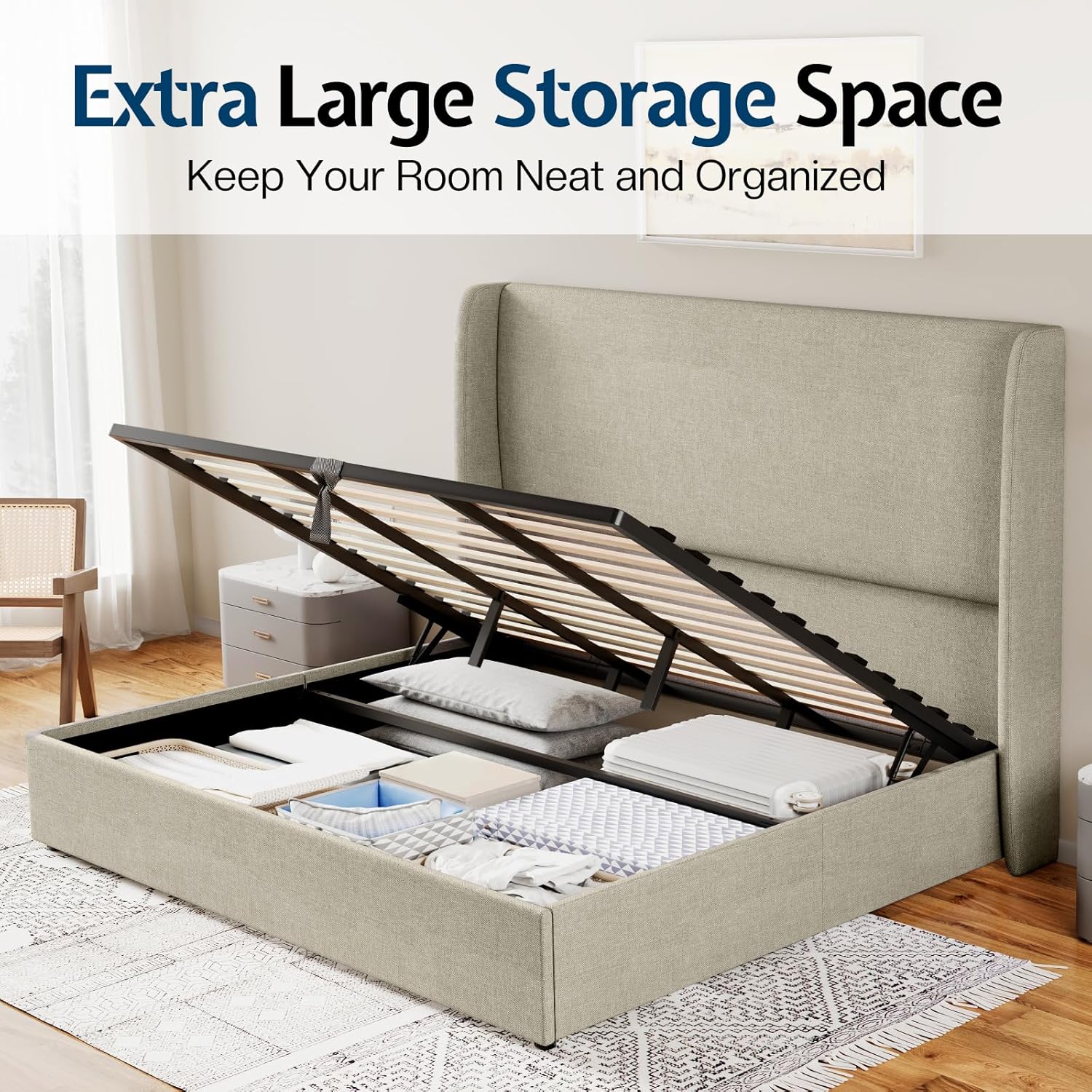 Jocisland King Size Upholstered Platform Bed Frame with Hydraulic Lift Storage, Wingback Headboard, Wood Slats Support, No Box Spring Needed, Linen Khaki