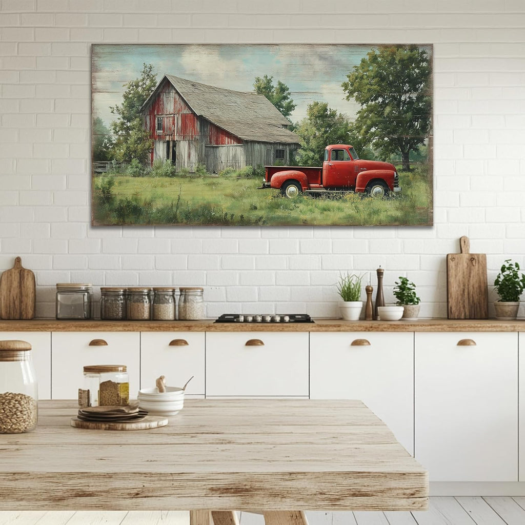 TIMUBA Rustic Farmhouse Truck Wall Art, Spring Farmhouse Canvas Wall Art Country Landscape Painting, Vintage Red Truck and Old Barn Pictures Wall Decor, Green Tree Artwork for Living Room 60x30 Inches