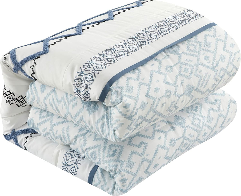 Grand Avenue Blue Comforter Set King Size, 7 Piece Terry Embroidery All Season Bedding Set, Bedskirt, Pillows & Shams