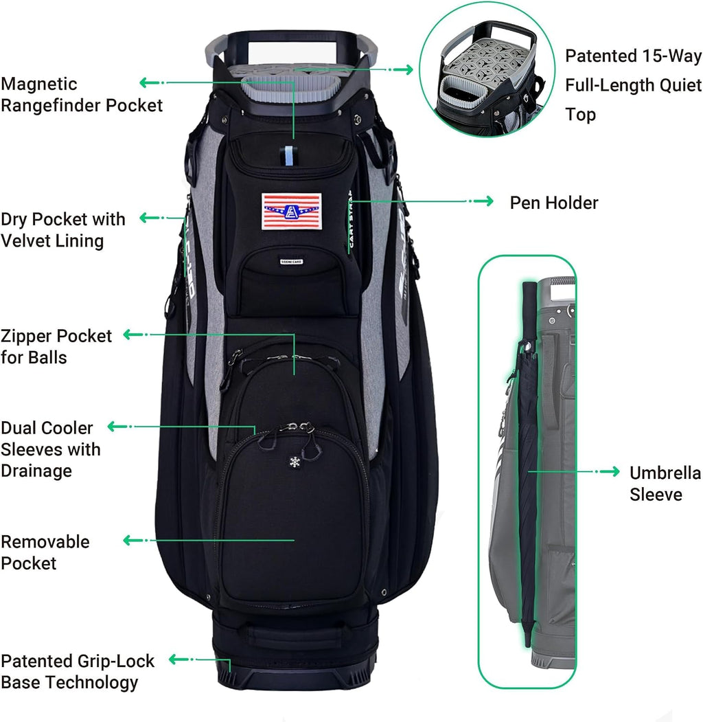ASK ECHO Soundless 15-Divider Golf Cart Bag, Grip Locking Bottom with Rain Cover