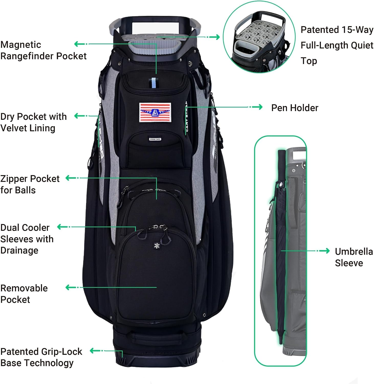 ASK ECHO Soundless 15-Divider Golf Cart Bag, Grip Locking Bottom with Rain Cover