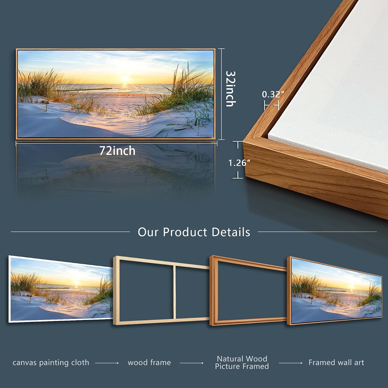 MHARTK66 Large Wall Art For Living Room Wall Decor For Office Ocean Painting Bedroom Wall Decorations Sunrise And Sunset Pictures Artwork For Modern Wood Framed Beach Canvas Prints Poster 72l X 32w