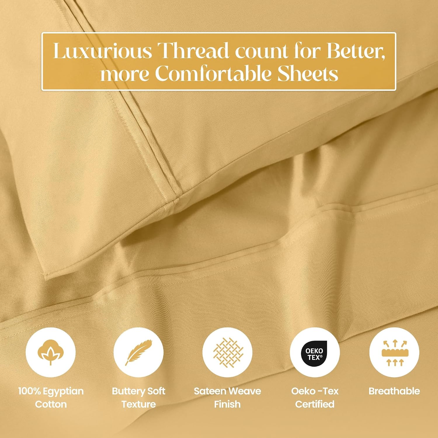 Superior 1200 Thread Count Egyptian Cotton Sheet Set, Bedroom Sheets, Modern Home Essentials, Luxury Bedding, 1 Elastic Deep Pocket Fitted Bed Sheet, 1 Flat Sheet, 2 Pillowcases, Queen, Gold