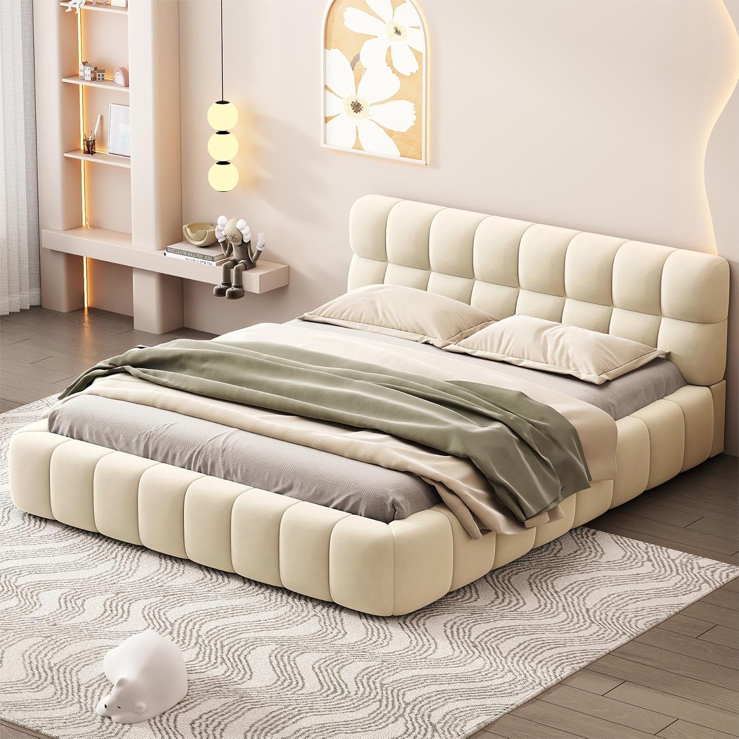 Upholstered Platform Bed, Bed with Square Grid Soft Bag,Platform Bed with Thick Fabric, Grounded Bed with Solid Frame, Queen Size,Beige