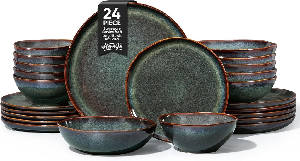 Herogo Stoneware Dinnerware Sets for 6, 24 Piece Ceramic Dinner Dishes Set, Irregular Handmade Plates and Bowls Dishware, Crack and Scratch Resistant, Reactive Glaze, Lichen Green