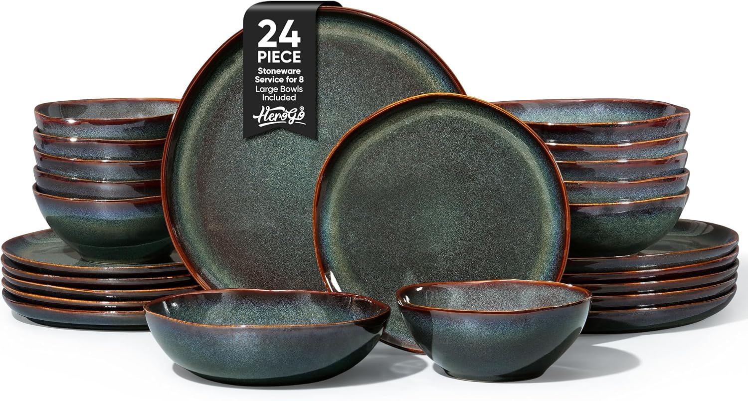 Herogo Stoneware Dinnerware Sets for 6, 24 Piece Ceramic Dinner Dishes Set, Irregular Handmade Plates and Bowls Dishware, Crack and Scratch Resistant, Reactive Glaze, Lichen Green