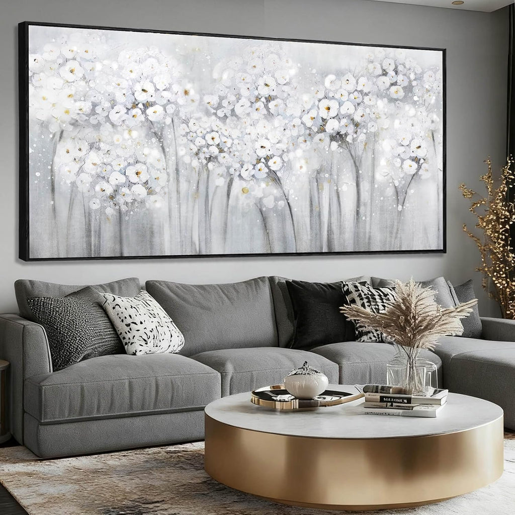 Flower Wood Wall Decor White Wall Art Textured Canvas Painting 32'x70' Decorative Pictures for Bedroom Kitchen Large Artwork