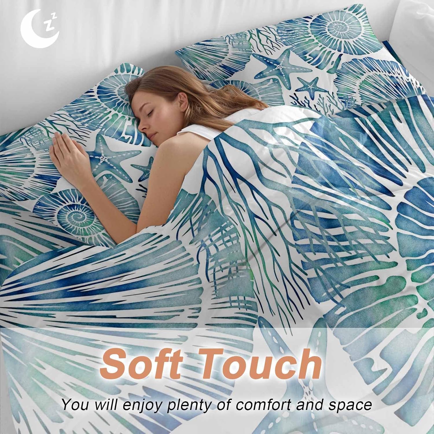Summer Nautical Duvet Cover Set Queen Size 4 Pieces Blue Seashells Starfish Conch Coral Ocean Bedding Set with Zipper Closure, 1 Comforter Cover 92x106 Inches 1 Flat Sheet & 2 Pillow Cases