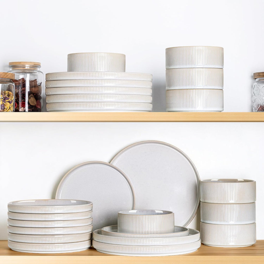 TheTerra Ceramic Dinnerware Sets for 8, 24 Pieces Porcelain Lightweight Plates and Bowls Sets, Scratch Resistant Dish Set, Oven & Microwave & Dishwasher Safe, Reactive White