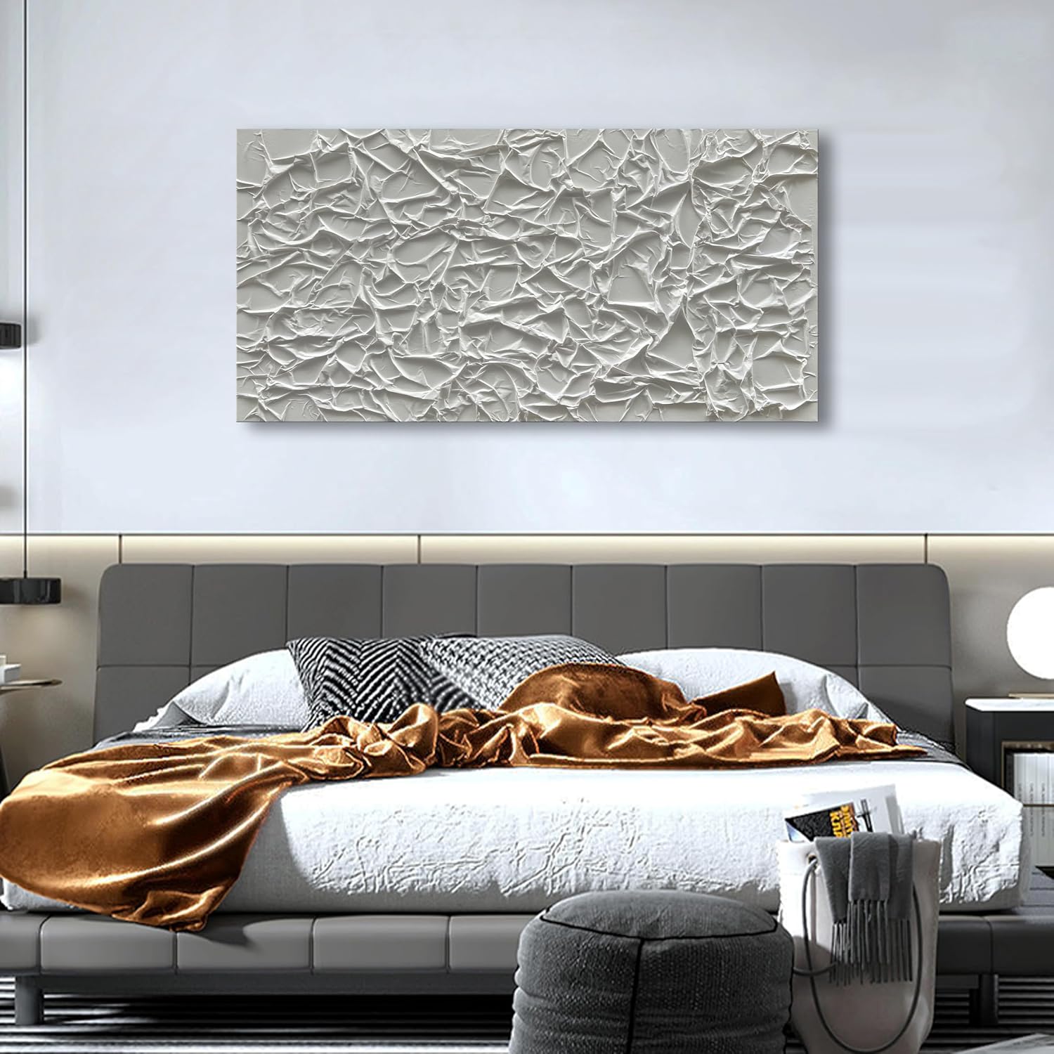 NANKAI Art Hand Painted Thick Texture White Minimalist Oil Painting, 24x48 inch, Abstract, Office Wall Decor
