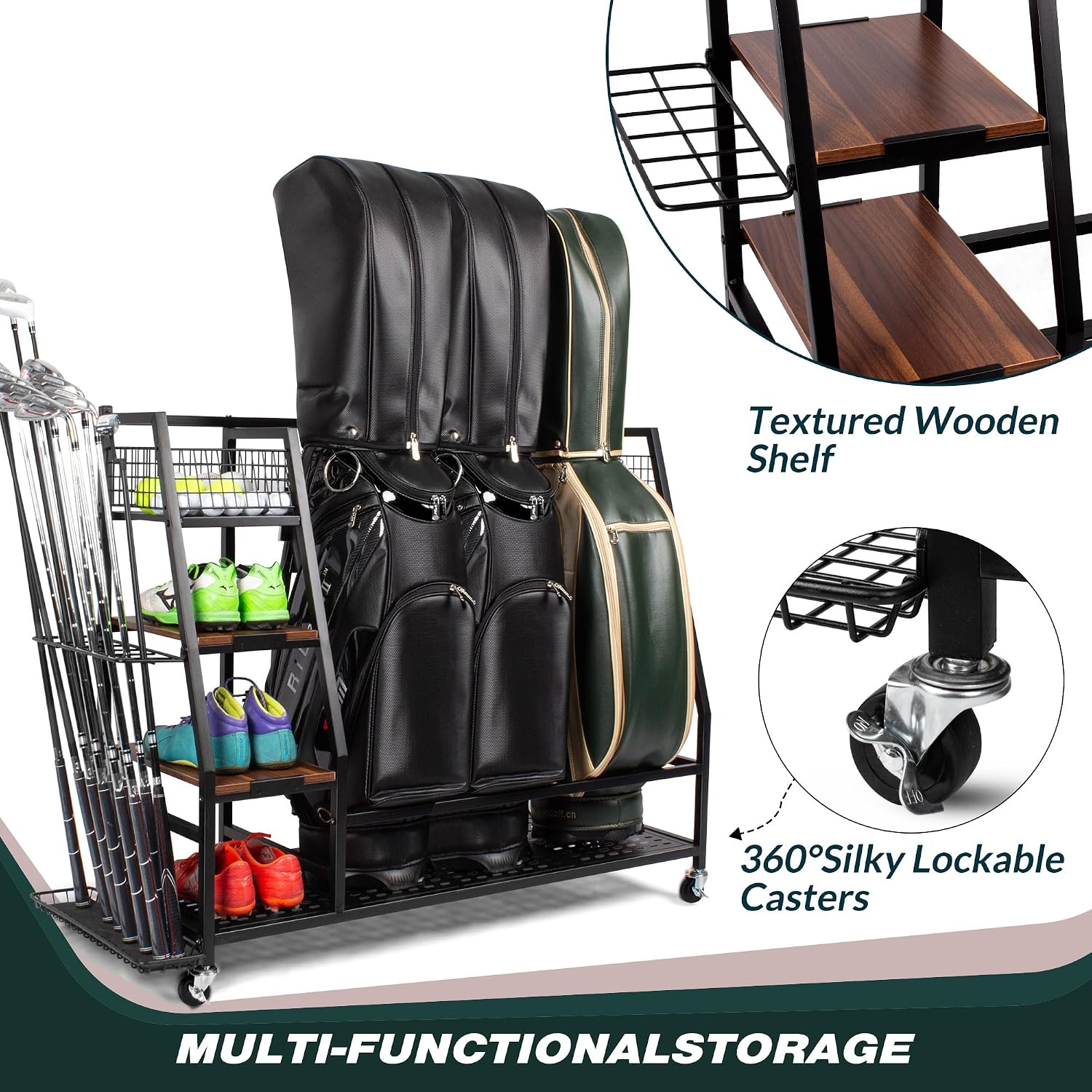 Sttoraboks Golf Bags Storage Garage Organizer, Golf Bag Rack Fits 2/3 Golf Bags and Golf Equipment Accessories, Golf Club Storage Stand with Wooden Shelf and Lockable Wheels for Garage Indoor Basement