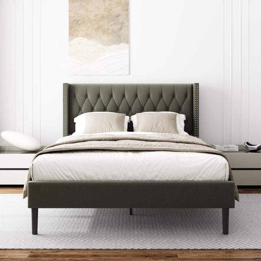 HAOARA Full Size Bed Frame, Upholstered Platform Bed with Wingback Headboard, Velvet Button Tufted, Easy Assembly, No Box Spring Needed, Green