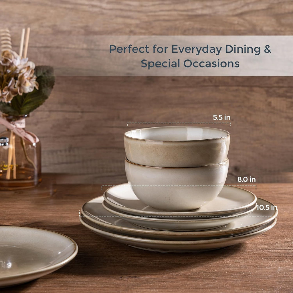 AmorArc Stoneware Dinnerware Sets for 8, 24 Pieces Handpainted Ceramic Plates and Bowls Set, Scratch Resistant Dishes Set, Dishwasher & Microwave Safe, Cappuccino