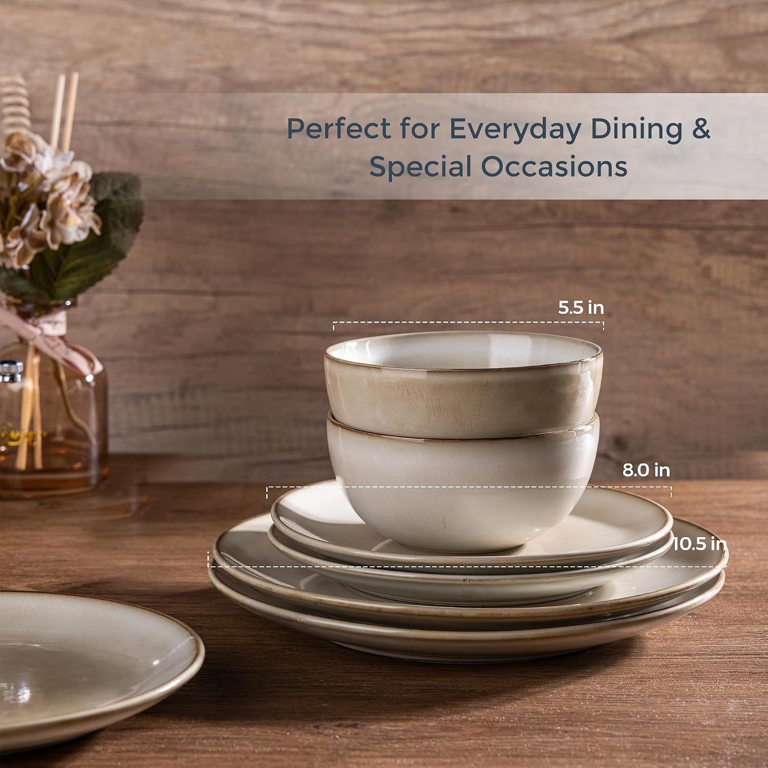 AmorArc Stoneware Dinnerware Sets for 8, 24 Pieces Handpainted Ceramic Plates and Bowls Set, Scratch Resistant Dishes Set, Dishwasher & Microwave Safe, Cappuccino