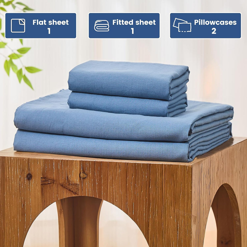 Bedlifes 100% French Pure Linen Sheets King Size Breathable and Cooling Flax Sheet Set Soft Durable and Moisture Wicking 16 Inch Deep Pocket-4 Piece(King,Flint Blue)