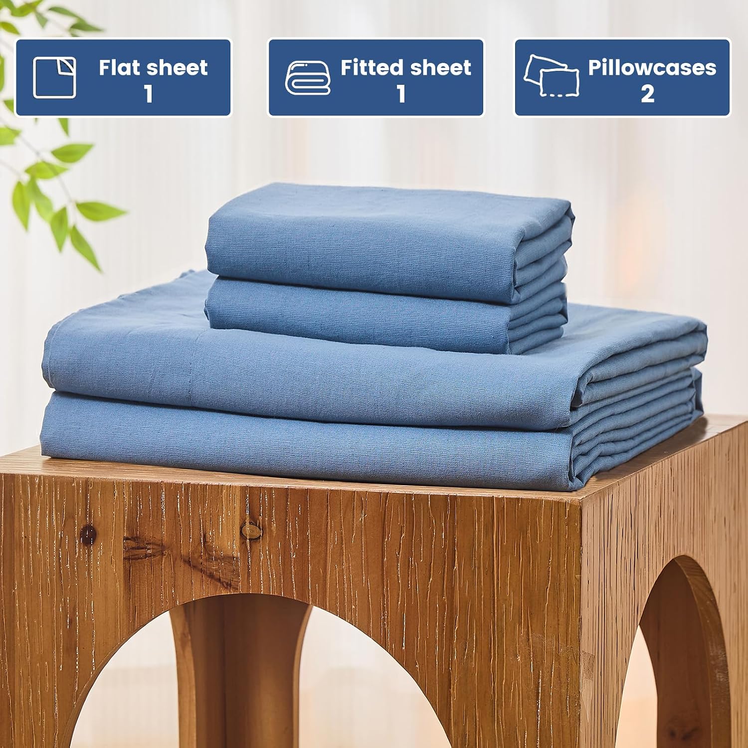 Bedlifes 100% French Pure Linen Sheets King Size Breathable and Cooling Flax Sheet Set Soft Durable and Moisture Wicking 16 Inch Deep Pocket-4 Piece(King,Flint Blue)