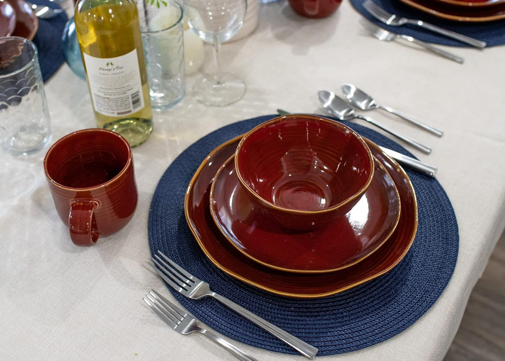 Elanze Designs Reactive Glaze Farmhouse Rustic Boho Ceramic Stoneware Dinnerware 16 Piece Plate Bowl Mug Dish Set - Service for 4, Burnt Auburn Red
