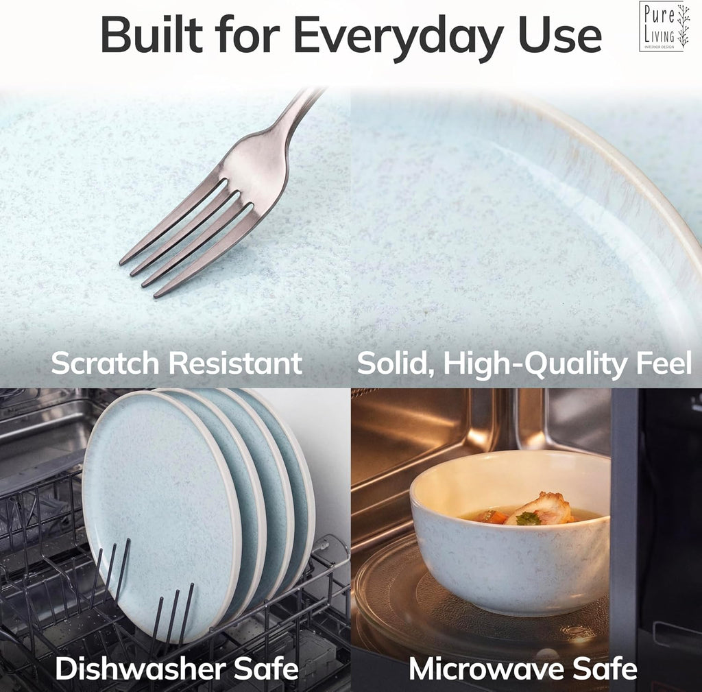 Stoneware dinnerware set 8 persons 32 pcs – Modern style plates and bowls set ceramic – Dishwasher safe and scratch resistant – Bowl and plate set – Dinner service Pure Living beige & blue