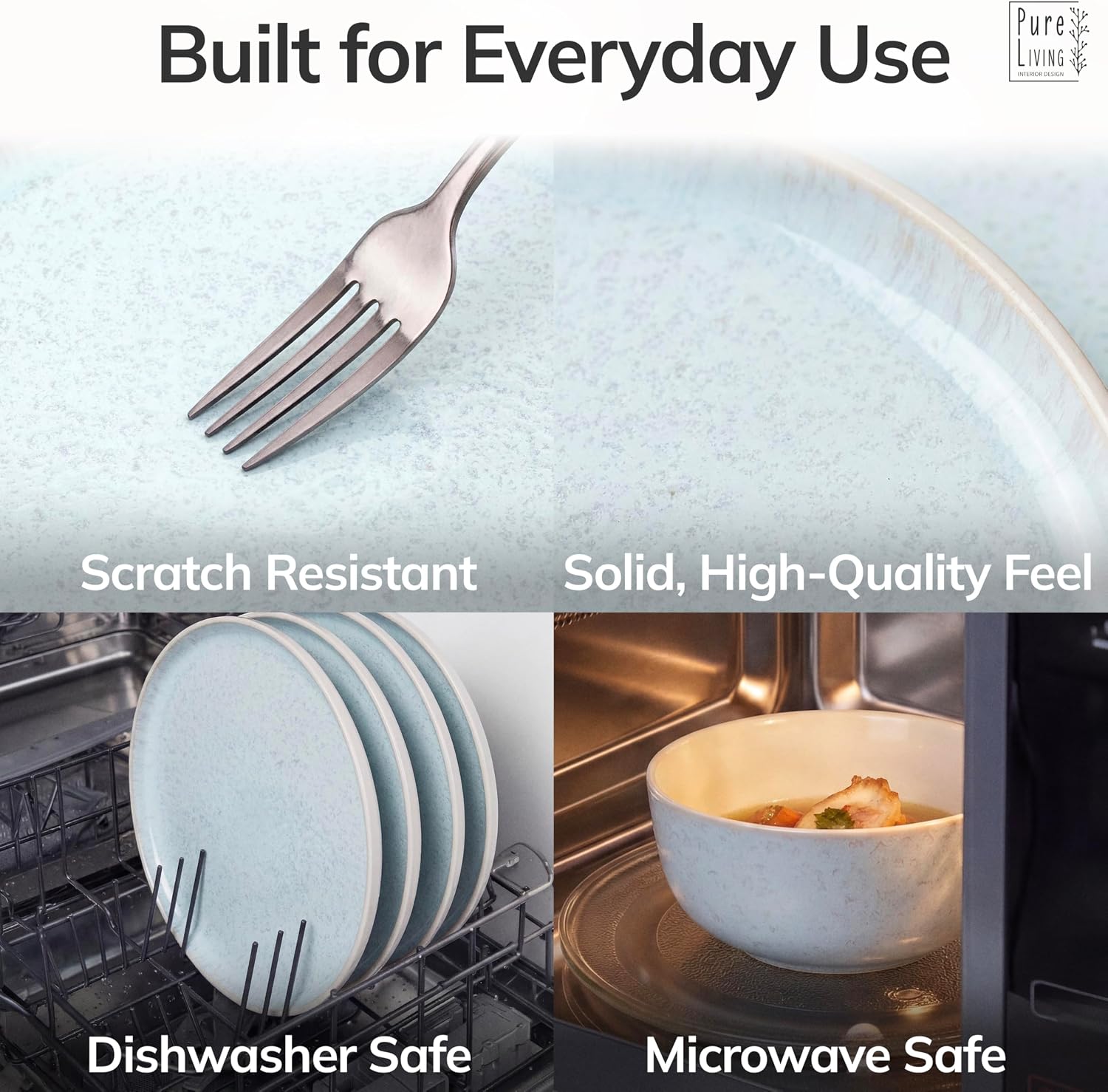 Stoneware dinnerware set 8 persons 32 pcs – Modern style plates and bowls set ceramic – Dishwasher safe and scratch resistant – Bowl and plate set – Dinner service Pure Living beige & blue