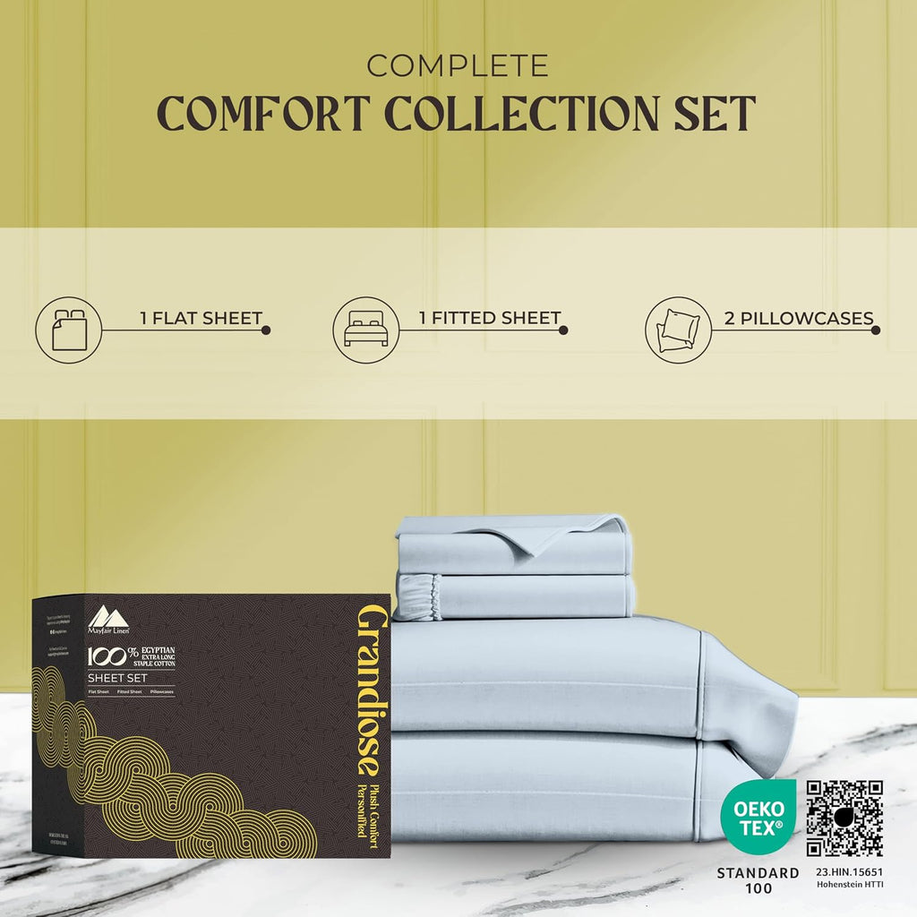 Mayfair Linen 100% Pure Egyptian Cotton Sheet King Size - Luxury 1000 Series Grandiose Collection King Size Sheets Set (4 PC, Light Blue), 16' Deep Pocket Sateen Weave Soft Cooling Hotel Bed Sheet Set