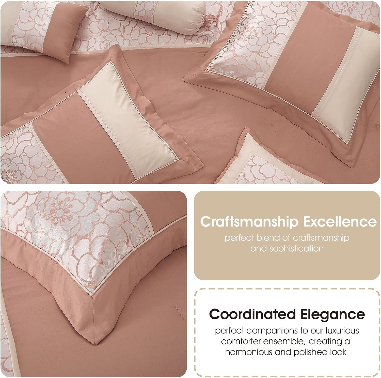 Grand Avenue Blush Comforter Set California King Size, 7 Piece Jacquard Soft Bedding Set, All Season, Bedskirt, Pillows & Shams