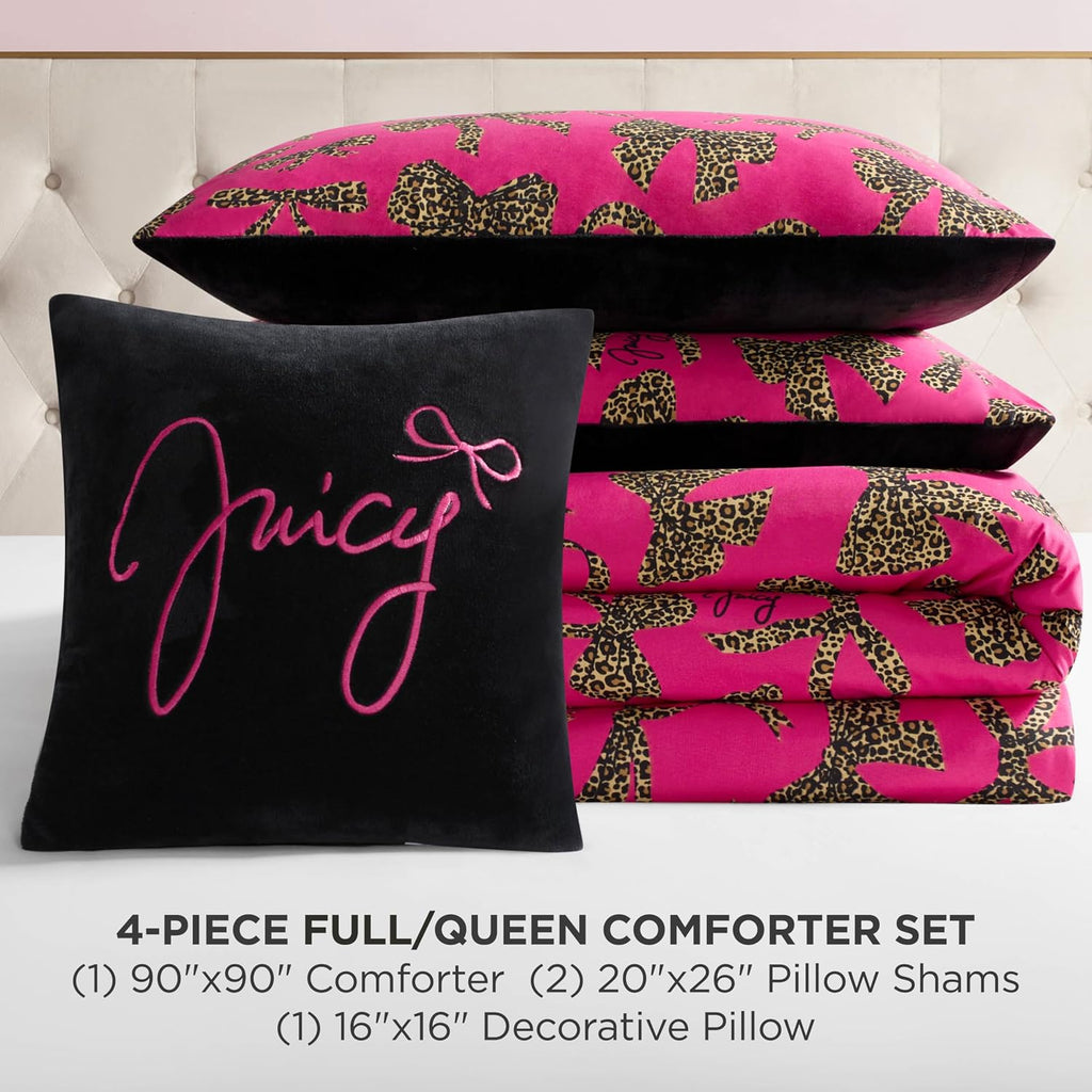 Juicy Couture Plush Reversible Cheetah Bows 4-Piece Full/Queen Comforter Set with Decorative Pillow