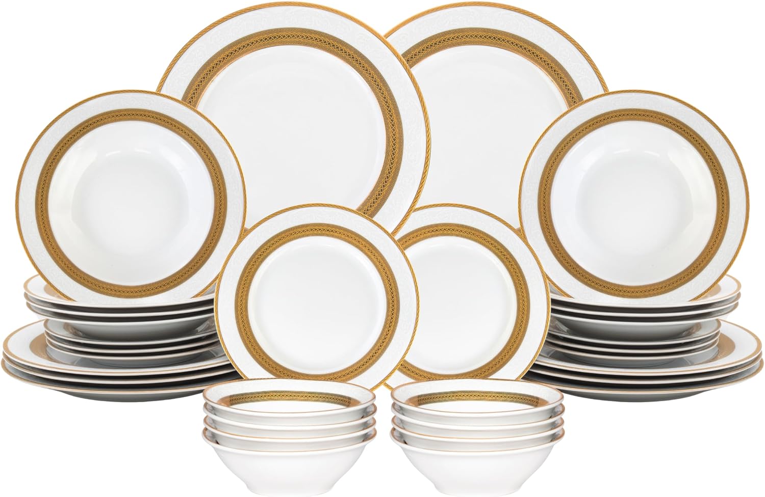 32 Piece Luxurious Dinnerware Sets – Service for 8 Plates and Bowls – White and Gold Rope Design Dish Set for Kitchen Table, Everyday Dining or Formal Use (Rope Gold)