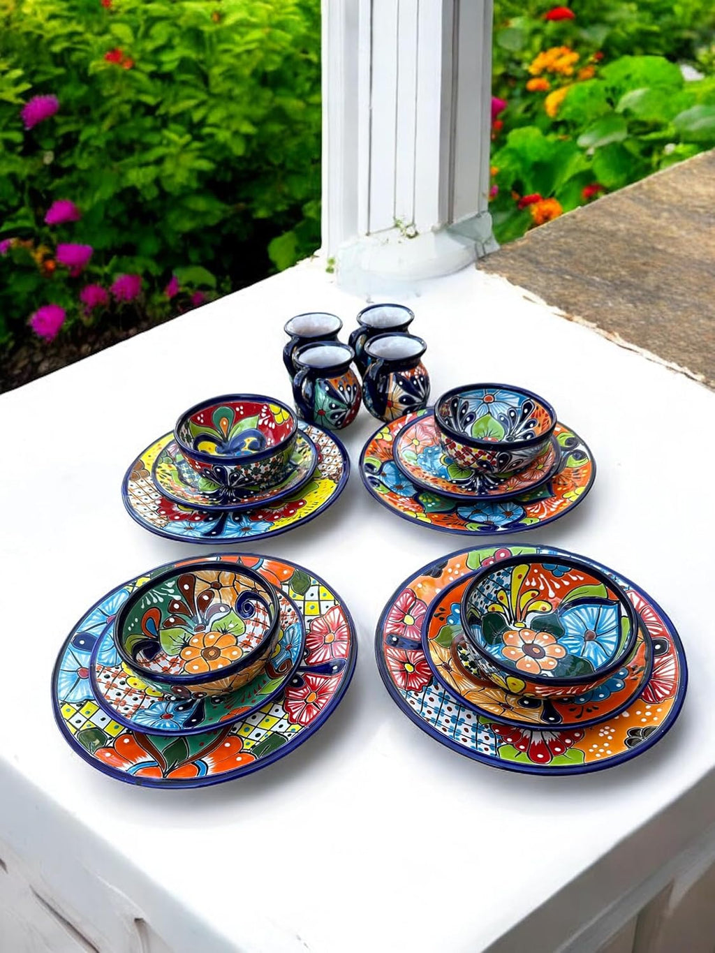 16-Piece Talavera Dinnerware Set | Hand-Painted Mexican Pottery with 4 Large 11.5' Plates, 4 Small 8' Plates, 4 Bowls, and 4 Mugs | Unique, Artisan-Made Ceramic Dish Set