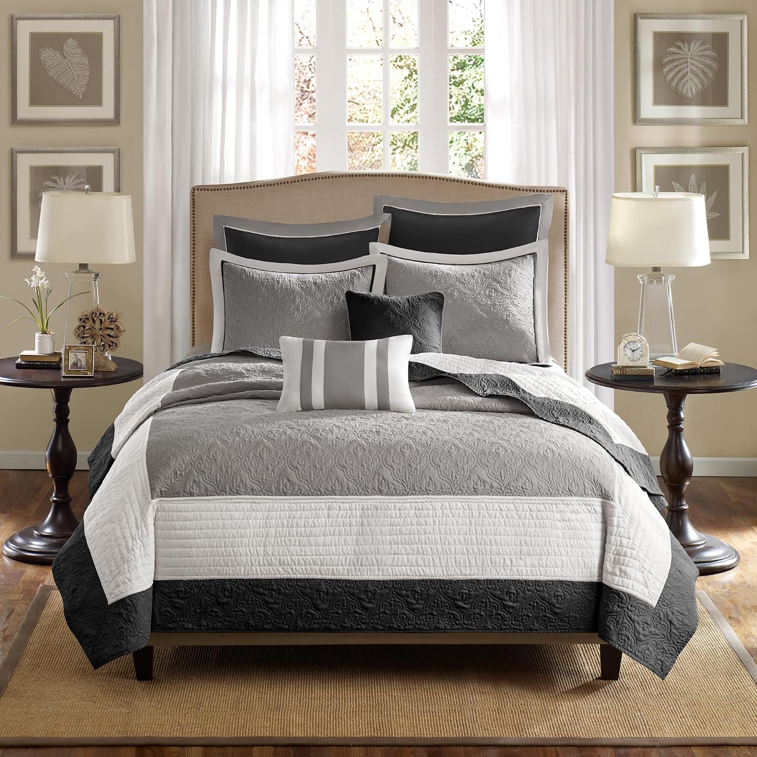 Madison Park Attingham Reversible Quilt Set - All Season Breathable Coverlet, Lightweight Cozy Bedding Layers, Matching Shams, King/Cal King(104'x94'), Black Multi 7 Piece
