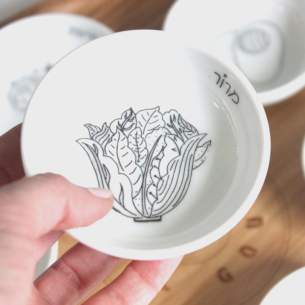 13' Large Size Handmade Passover Seder Plate with Six Black and White Ceramic Bowls, Passover Seder Plate Set, Hand Painted Illustrations, Decor Jewish Gift, Made in Israel by Mickala Design