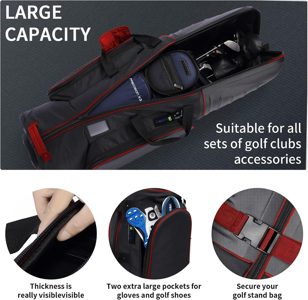Golf Travel Bags for Airlines with Reinforced Wheels and Hard Case Top, Lightweight and Easy to Maneuver, Excellent Zipper Protect Your Clubs Red