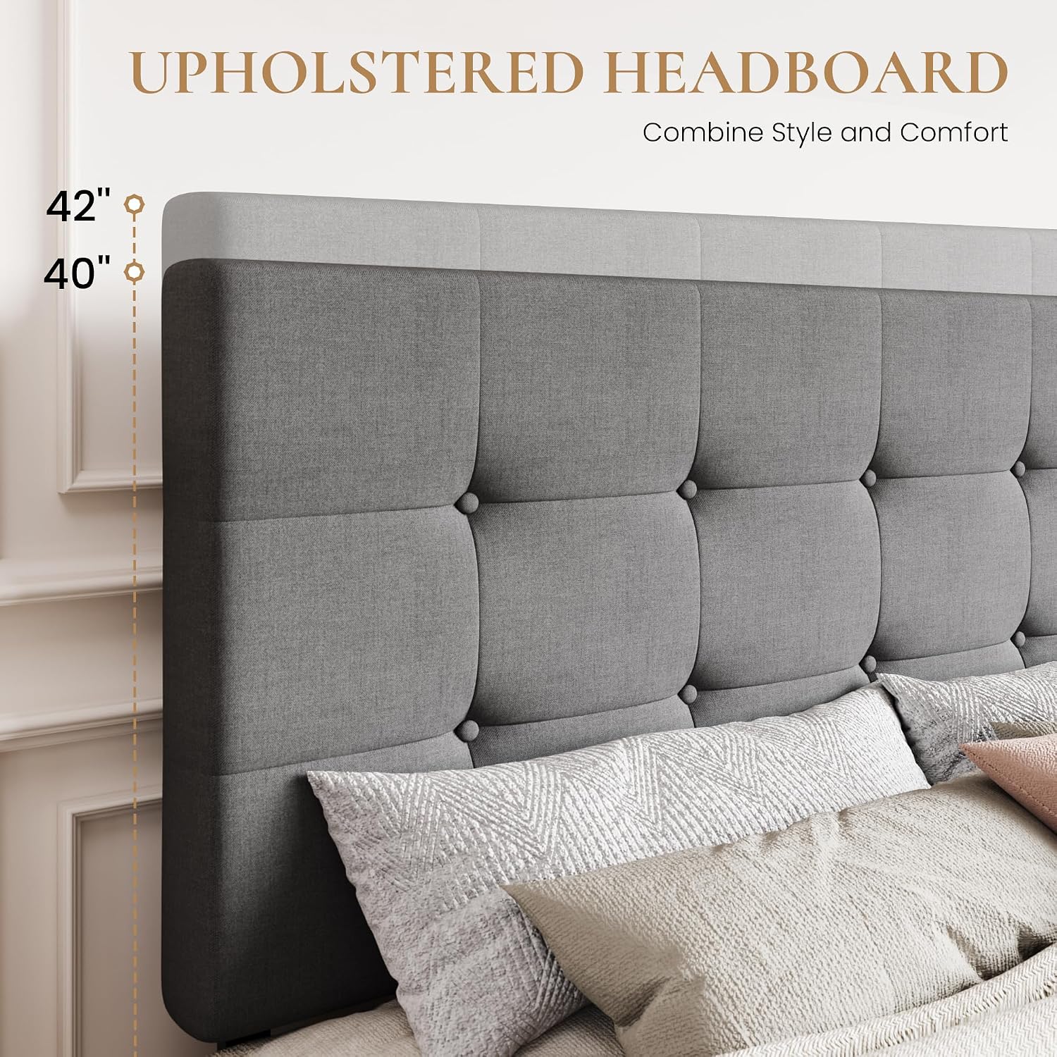 SHA CERLIN Upholstered Queen Size Platform Bed Frame with 4 Storage Drawers, Adjustable Headboard with Square Stitched Button Tufted Design, Wooden Slat Support, No Box Spring Needed, Light Grey