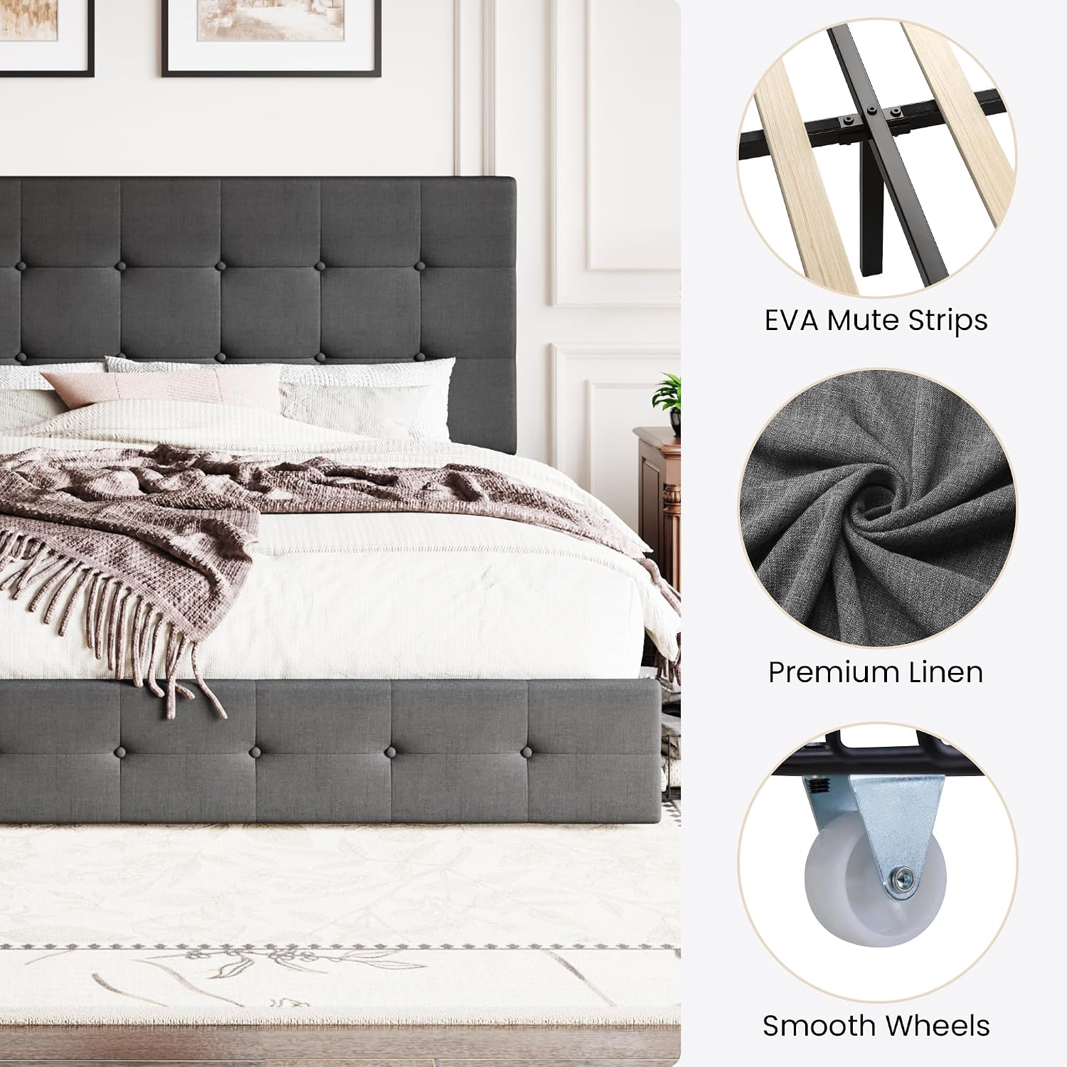 SHA CERLIN Upholstered King Size Platform Bed Frame with 4 Storage Drawers, Adjustable Headboard with Square Stitched Button Tufted Design, Wooden Slat Support, No Box Spring Needed, Dark Grey