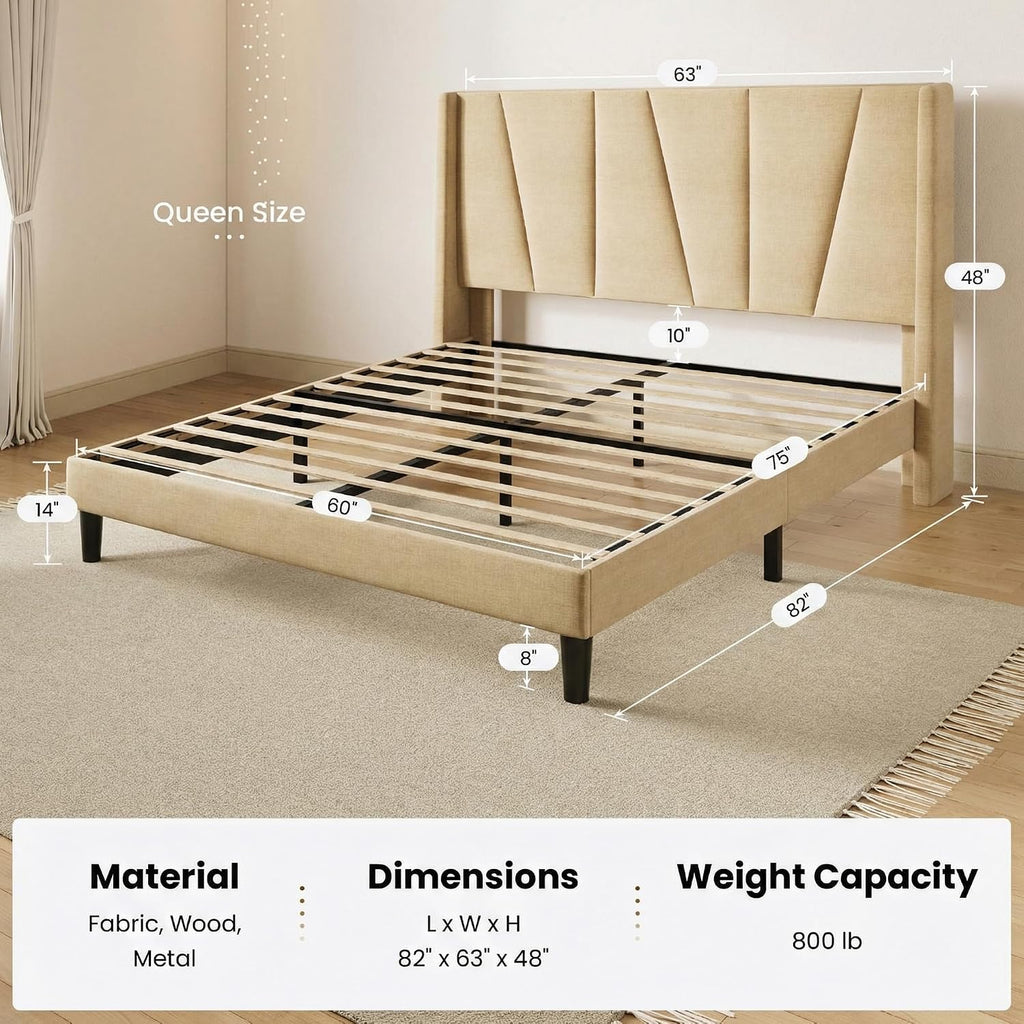 SHA CERLIN Queen Size Bed Frame with Geometric Wingback Headboard, Upholstered Platform Bed with Wooden Slats Support, 8' Under-Bed Space, No Box Spring Needed, Easy Assembly, Beige