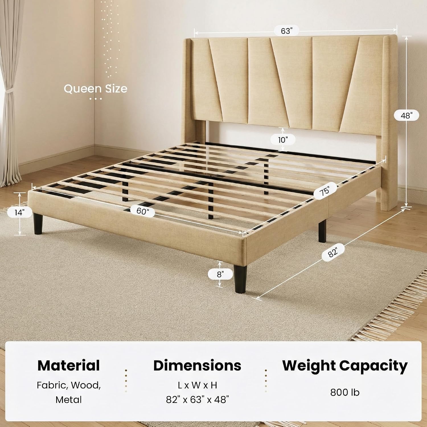 SHA CERLIN Queen Size Bed Frame with Geometric Wingback Headboard, Upholstered Platform Bed with Wooden Slats Support, 8' Under-Bed Space, No Box Spring Needed, Easy Assembly, Beige