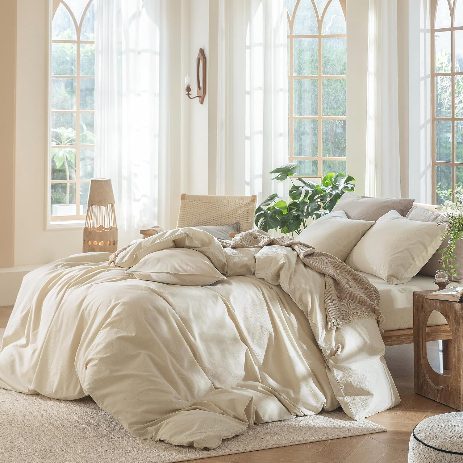 MooMee Bedding Duvet Cover Set 100% Washed Cotton Linen Like Textured Breathable Durable Soft Comfy (Heathered Almond Milk Grey, Oversized King Plus 128'x120')