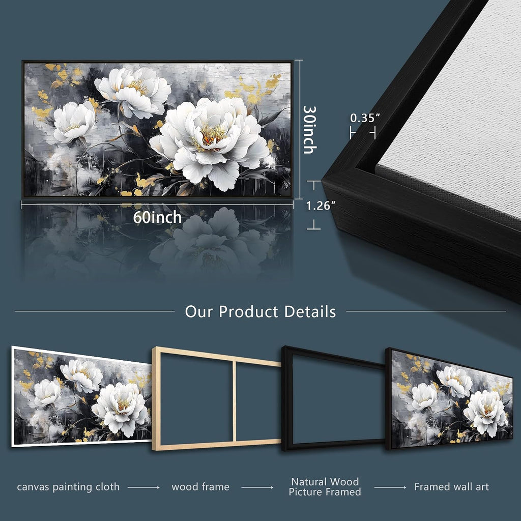 PHAOHUAXM Large Framed Canvas Wall Decor For Living Room Wall Art For Bedroom Modern Abstract Painting Ink-Wash White Flowers With Black Frames Dining Room Home Decor Print Artwork Posters 30'X60'