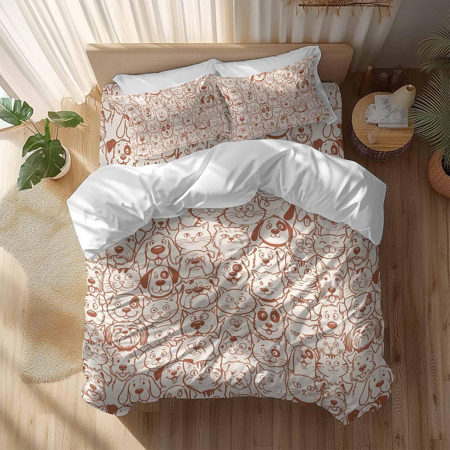 Cartoon Cat Duvet Cover Set Queen Size 4 Pieces Cute Dog Vintage Brown Line Animal Abstract Puppy Bedding Set with Zipper Closure, 1 Comforter Cover 90x92 Inches 1 Flat Sheet & 2 Pillow Cases