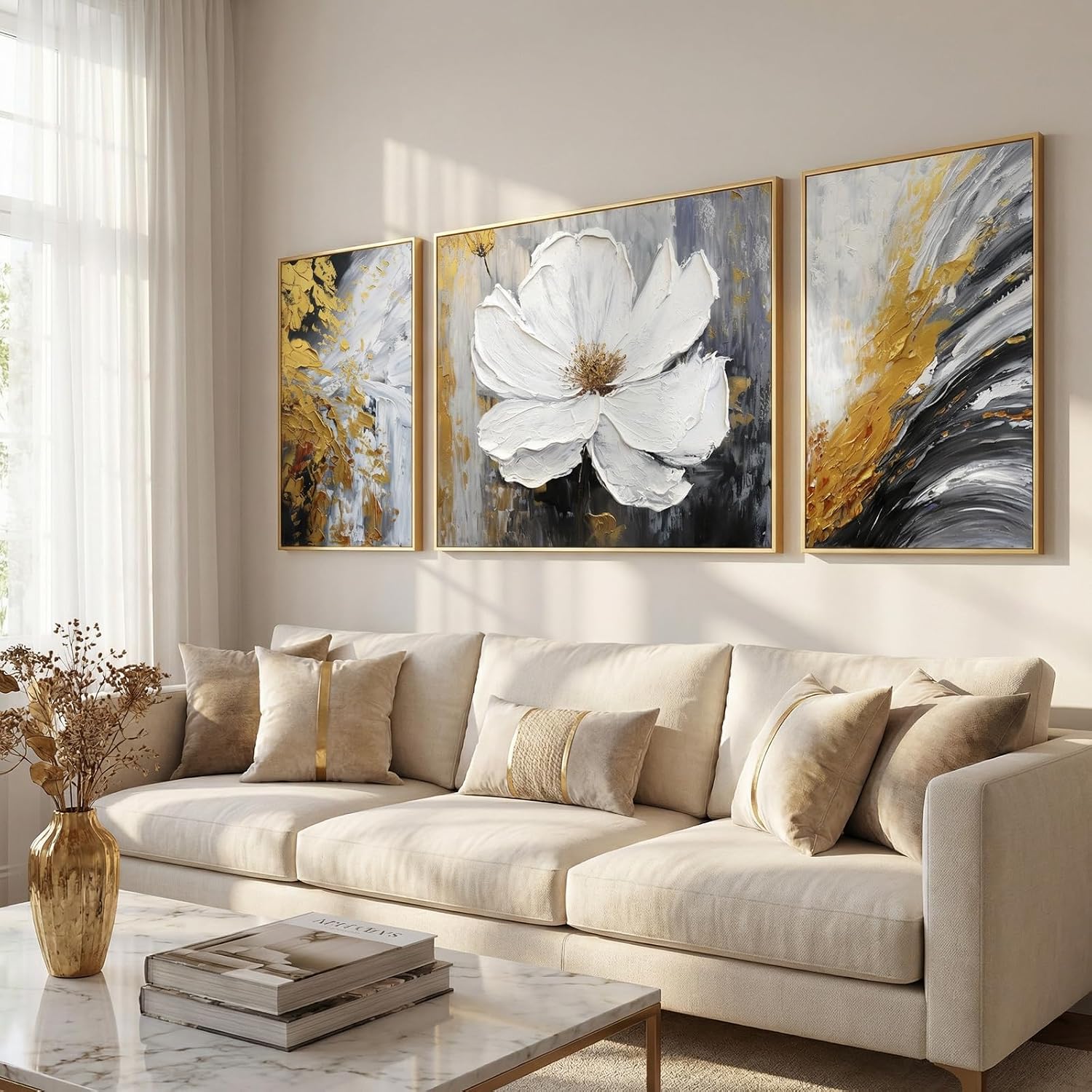 3 Pcs Hand-Painted Floral Canvas Wall Art for Living Room | 3D Textured Abstract White Flower Paintings with Gold Frames for Bedroom | Ready to Hang Modern Luxury Wall Decor for Office (24x64 Inches)