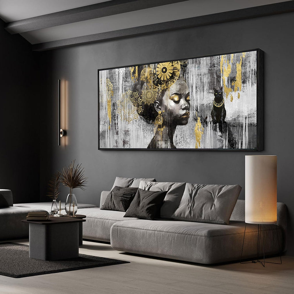 KLAKLA Black and Gold Wall Art - African American Black Girl Wall Art Colorful Black African Woman Canvas Picture Framed Wall Decor for Living Room Bedroom Home Decoration